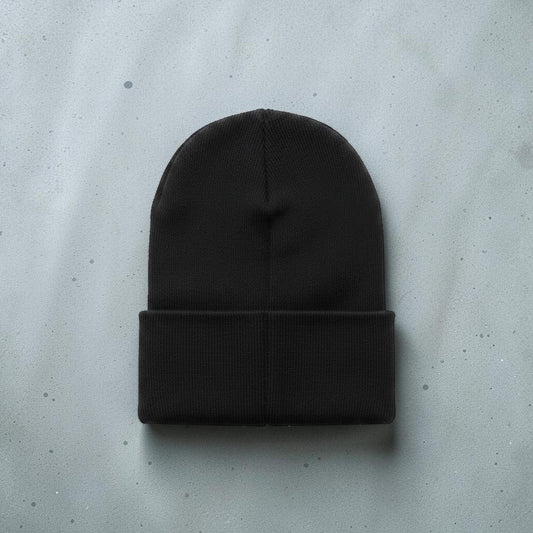 Apex Apparel black woven stretch beanie with a logo patch. Soft and comfortable.